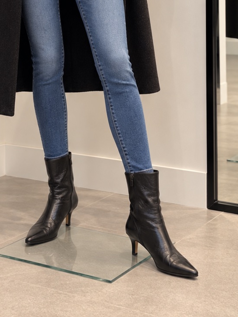 Stuart Weitzman Black Pointed Toe Leather Mid-Calf Heeled Boots